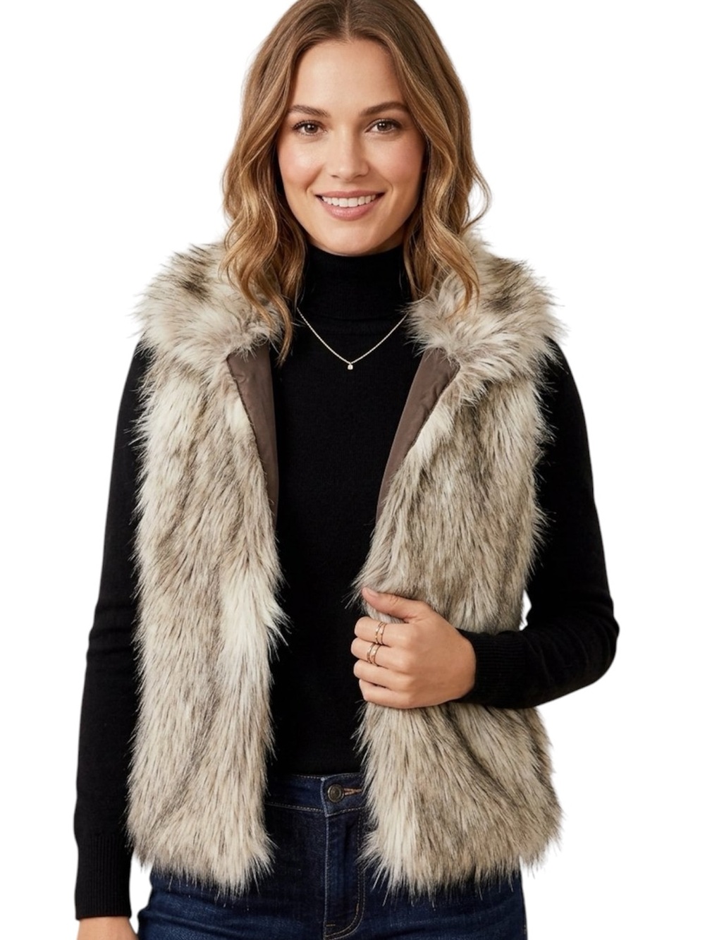 LOFT Faux Fur Vest in Taupe and Cream